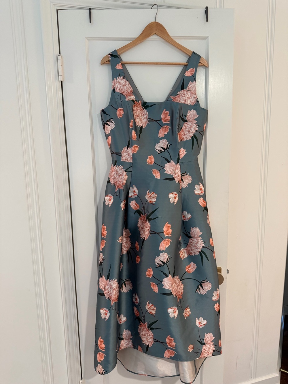 Sachin + Babi Slate Blue Floral Midi Dress with Pink Blooms
